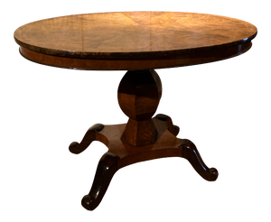 Antique Biedermeier Italian Burl Walnut and Maple Oval Dining Table with Faceted Pedestal, 1800s