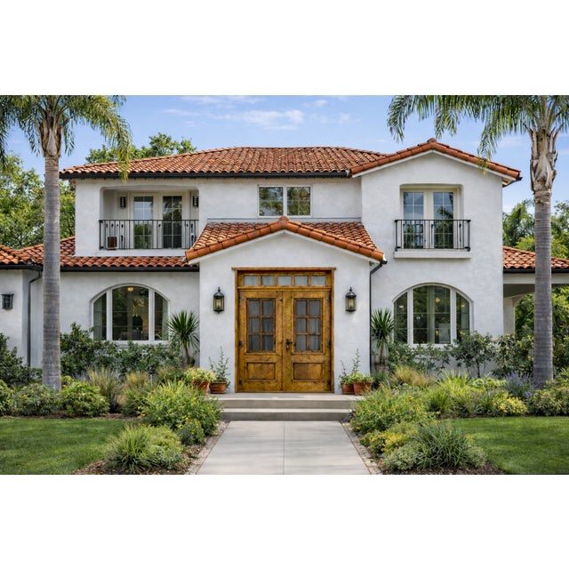 Puerta Condesa (Model 2055) – Handcrafted custom solid wood exterior double French door featuring a rectangular dual-panel...