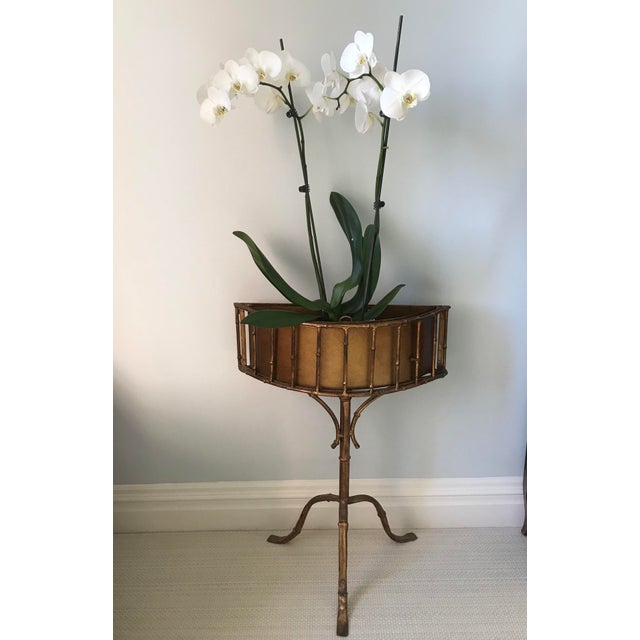 20th Century Boho Chic Demi Lune Gold Bamboo Planter Stand Chairish
