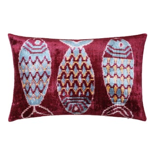 Hand-Knotted Silk Velvet Ikat Lumbar Pillow - 16x24 Burgundy & Sky Blue For Sale