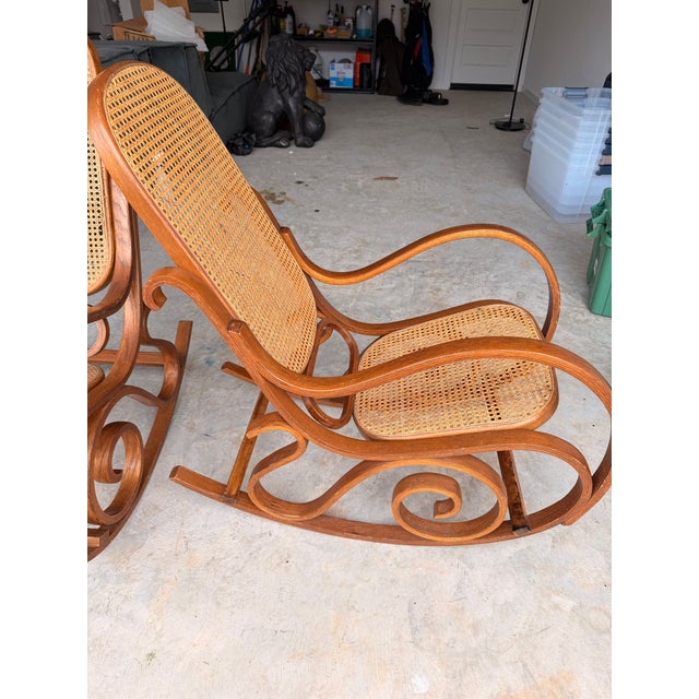 Brown Vintage Bentwood Cane Rockers | Art Nouveau / Victorian Conservatory Style | Pair For Sale - Image 8 of 9