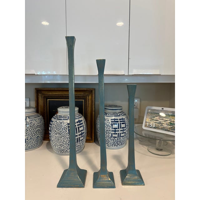 Ralph Lauren Dusty Blue Patinated Metal Candlesticks With Antiqued Gold Highlight Set of 3 For Sale - Image 4 of 14