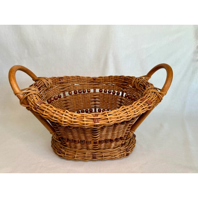 Cinnamon Arts & Crafts Wicker Bentwood Beaded Double Handle Basket For Sale - Image 8 of 12