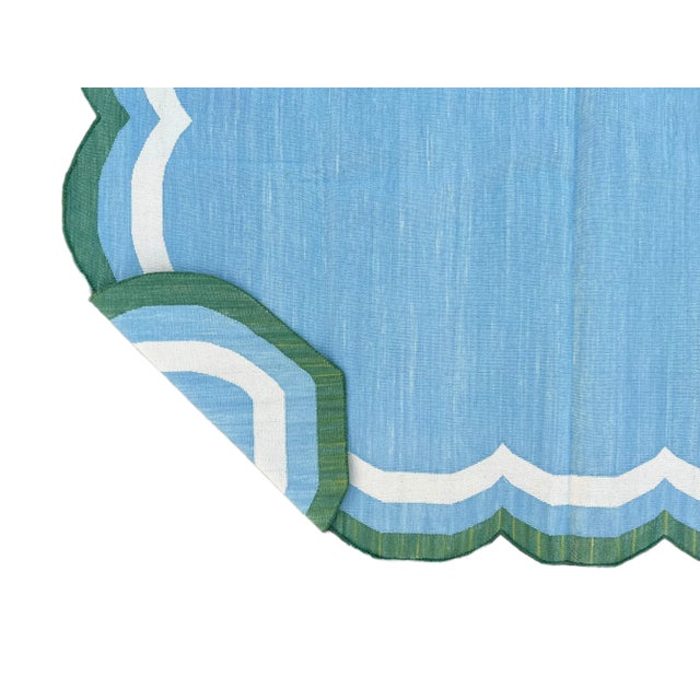 Casa Cosima Handmade Cotton Area Scalloped Rug Sky Blue, Cream and Forest Green Border Dhurrie - 8'x10' For Sale - Image 4 of 11