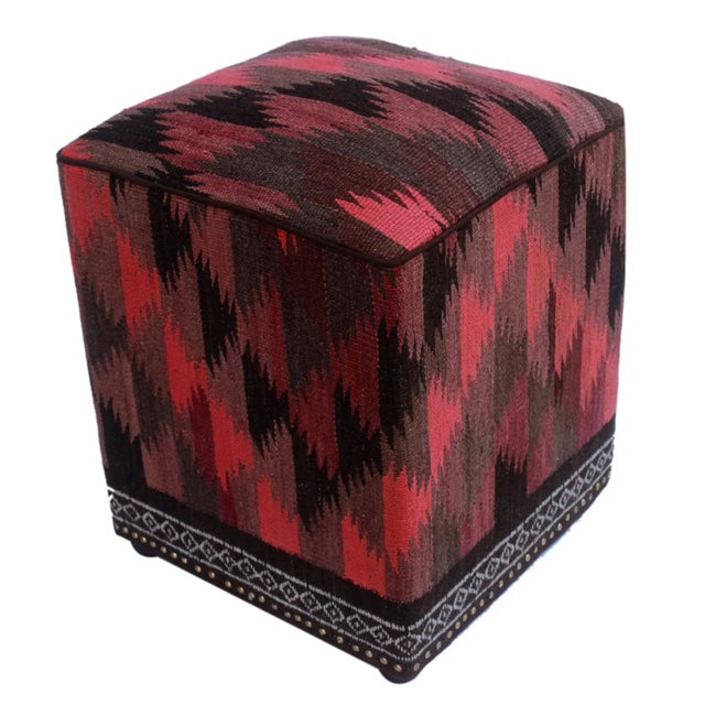1990s Doretta Pink Black Kilim Upholstered Handmade Ottoman For Sale - Image 5 of 7