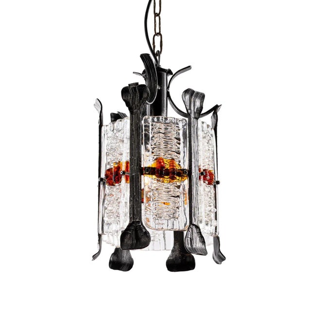 Brutalist Pendant Lamp in Wrought Iron and Colored Murano Glass attributed to Tom Ahlström & Hans Ehrich, Sweden, 1960s For Sale - Image 9 of 9