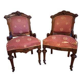 1870's American Renaissance Revival Ladies Parlor Chairs - Attributed to Prudent Mallard - Pair For Sale