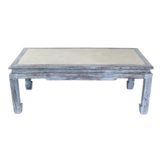 Vintage Swedish Blue-Grey Wash Wood Coffee Table With Ming Style Leg and Shagreen Top For Sale