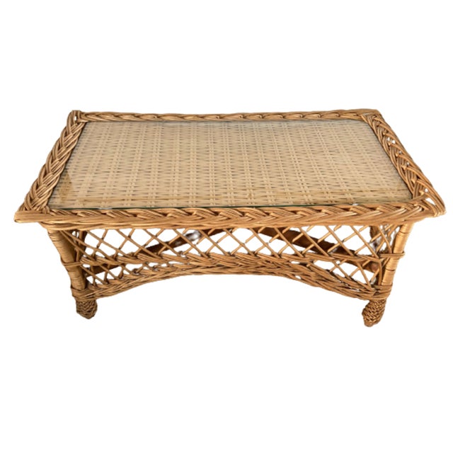 Mid-Century Rectangular Bamboo and Rattan Side Table with Glass Top, Italy, 1970s For Sale - Image 6 of 9
