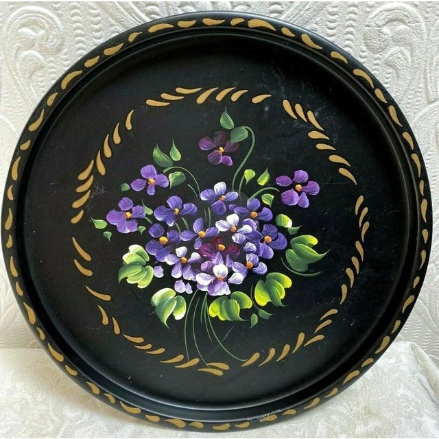 Mid Century Vintage Black Round Tray With Hand Painted Violets For Sale - Image 4 of 4