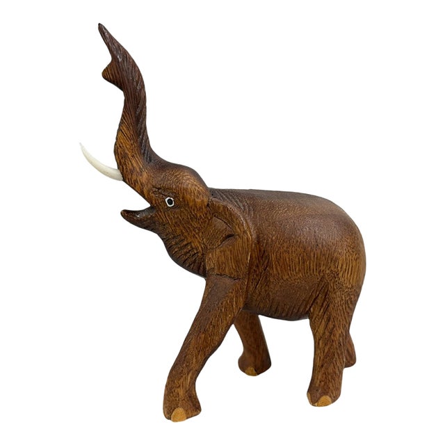 Vintage Hand Carved Wooden Elephant Figurine - Trunk Up Lucky Elephant Statue For Sale