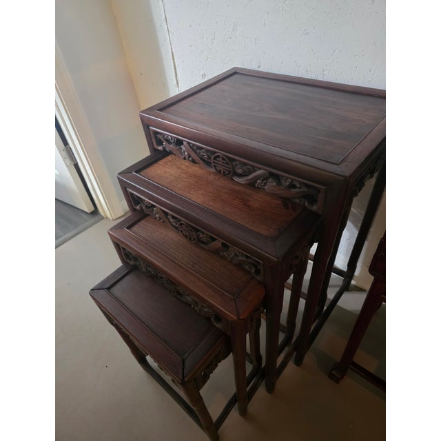 Wood Set of 1930s Chinese Carved Hardwood Nesting Tables With Traditional Fretwork and Longevity Symbols For Sale - Image 7 of 9