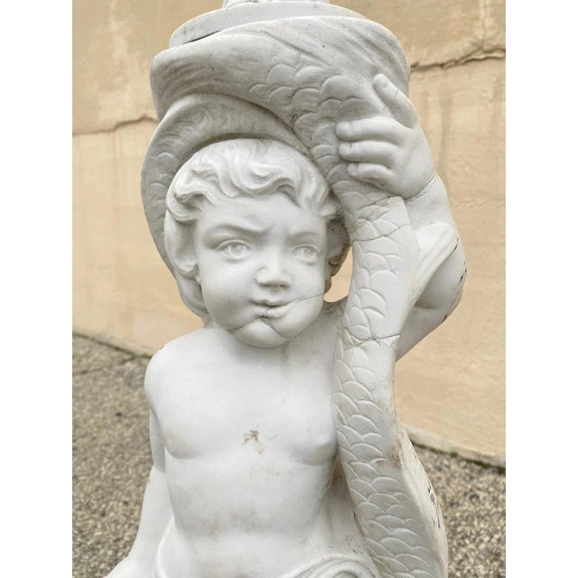 Early 20th Century Italian Classical Carved Marble 31" Cherub Dolphin Garden Fountain Statue For Sale - Image 4 of 13