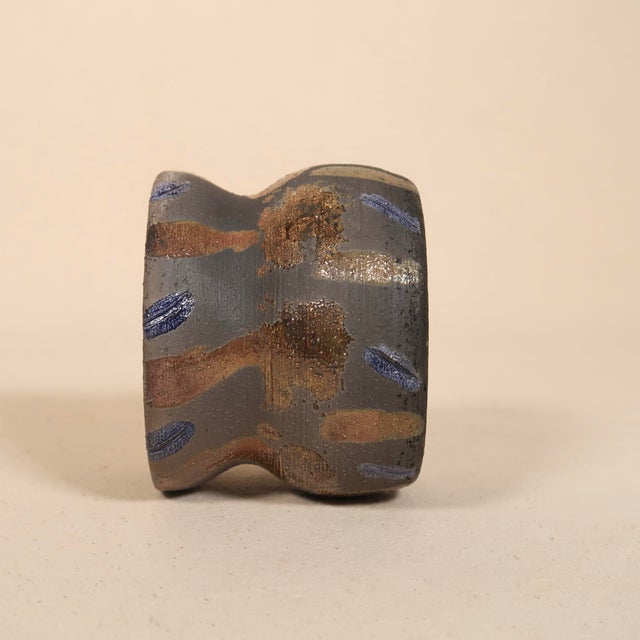 Signed Studio Pottery Raku Ceramic Vessel With Metallic Copper Glaze and Abstract Brushwork For Sale - Image 16 of 17