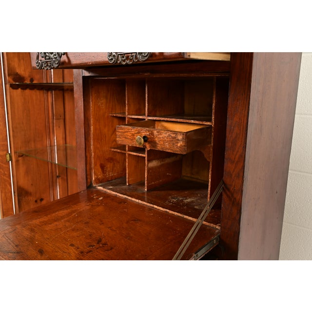 Antique Victorian Carved Oak Smoker's Display Cabinet With Drop Front Desk, Circa 1900 For Sale In South Bend - Image 6 of 13