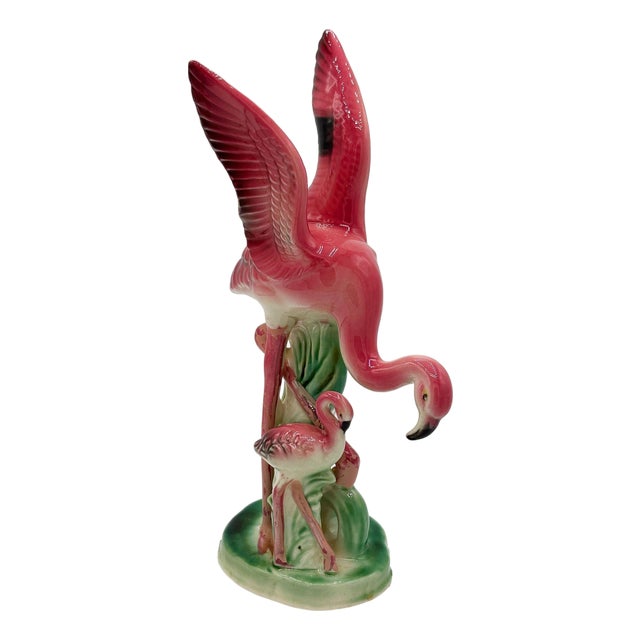 1950s Mid-Century Child & Mother Pink Flamingo Ceramic Tabletop Statue by Leftons For Sale