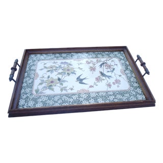Art Nouveau Wooden Tray with Ceramic Inlay, 1890s For Sale