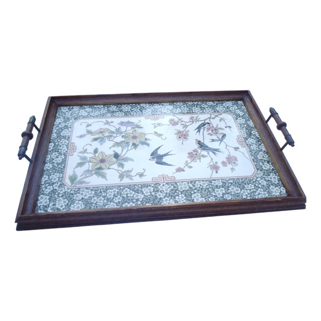 Art Nouveau Wooden Tray with Ceramic Inlay, 1890s For Sale