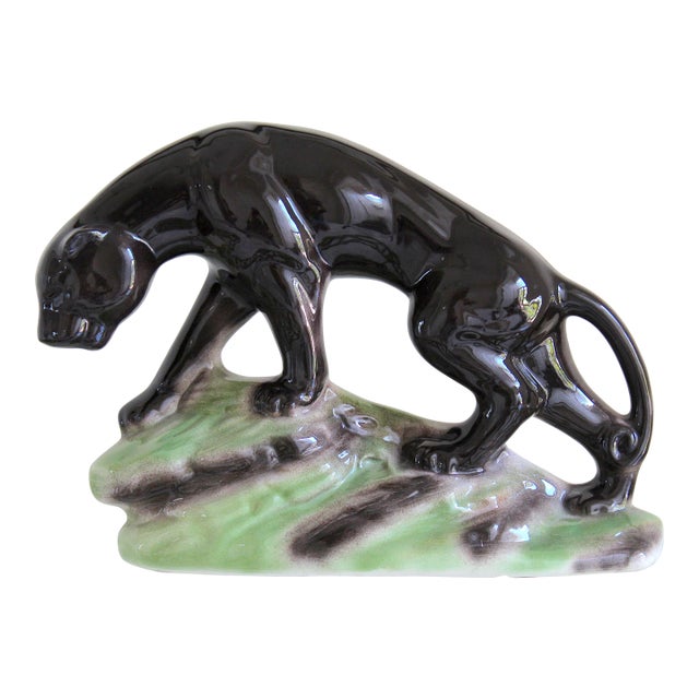 1950s Mid-Century Modern Black Panther Ceramic Sculpture – Glossy Art Pottery Jaguar on Rock Base For Sale