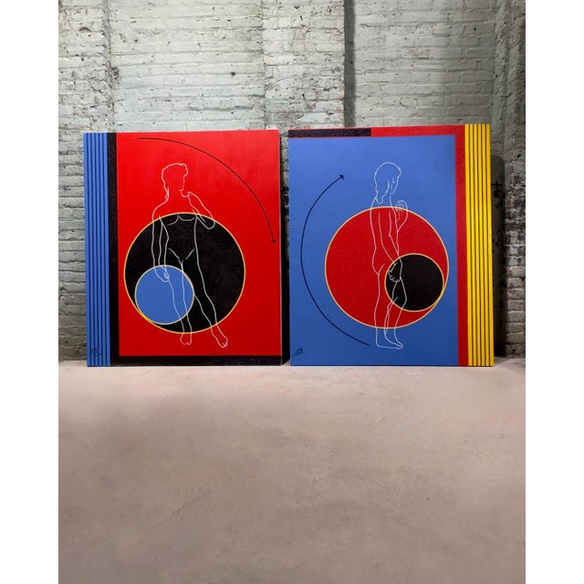 Post Modern Geometric Figural Acrylic on Canvas Signed Ab, 1980 For Sale - Image 9 of 9