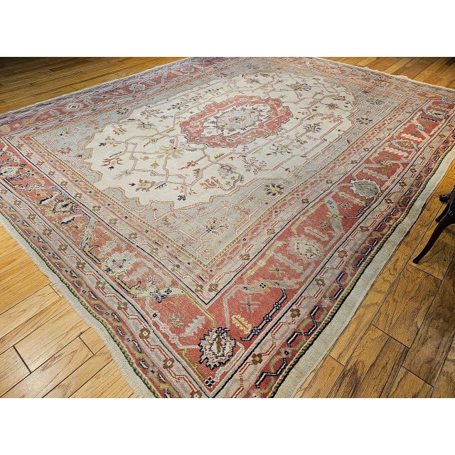 Vintage Turkish Oushak Rug, Hand-Knotted Geometric Pattern, Ivory & Brick Red, 12' X 14' For Sale - Image 12 of 13