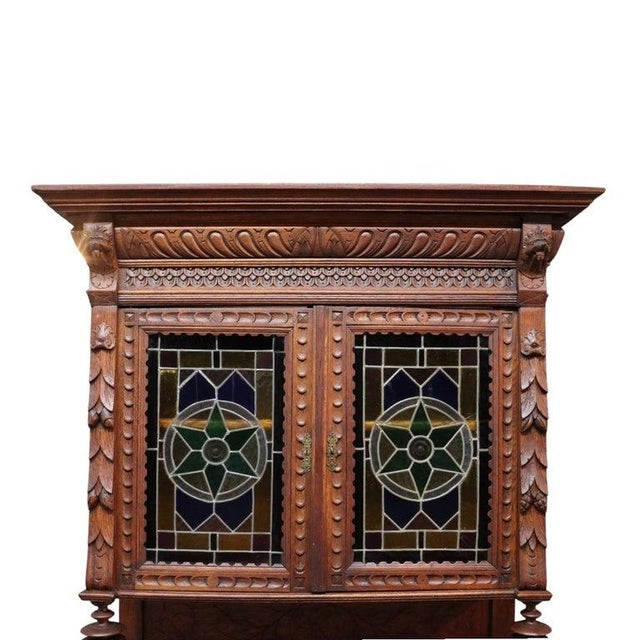 Jacobean English Jacobean Carved Oak Sideboard With Ornate Stained Glass C1900 For Sale - Image 3 of 16