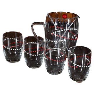 Glasses, Pitcher & Ladles Decorated with Red and White Stars, Italy, 1950s, Set of 9 For Sale