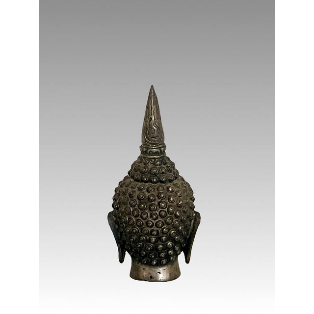 Mid 20th Century South East Asian 'Silver'' Shan Buddha Head on Carved Wood Stand For Sale - Image 5 of 11