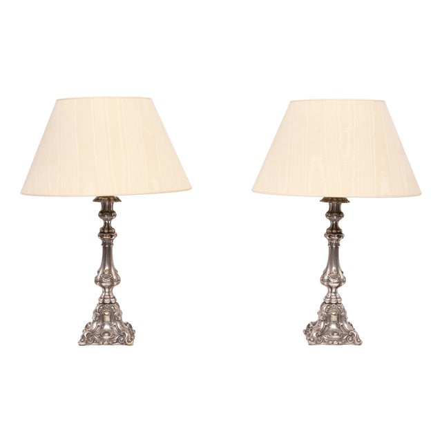 Rococo Silver Plated Table Lamps, 1920s, Set of 2 For Sale