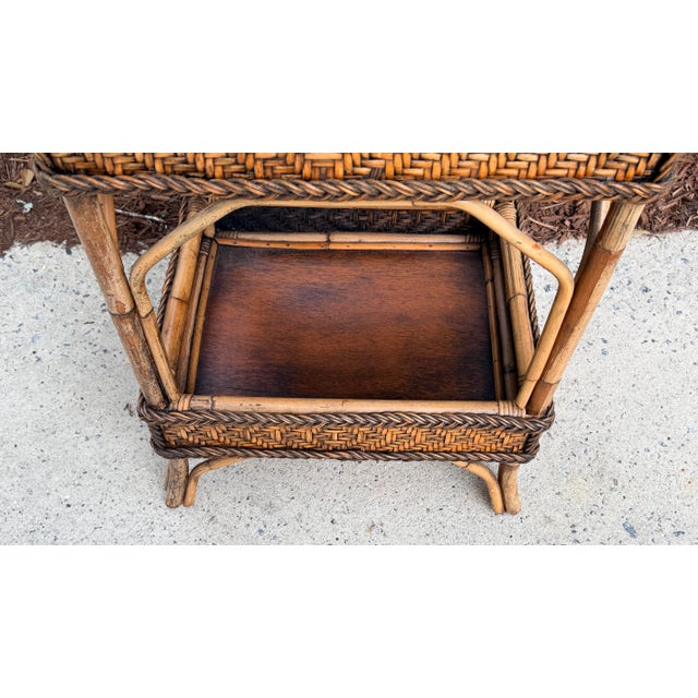 1980s Vintage Bamboo Wicker Rattan 2-Tier Table Stand Occasional Table For Sale - Image 5 of 12