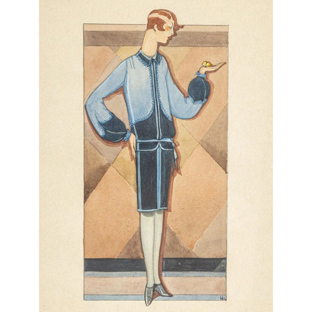 Art Deco Fashion Drawing, Gouache on Paper, Framed For Sale - Image 4 of 11
