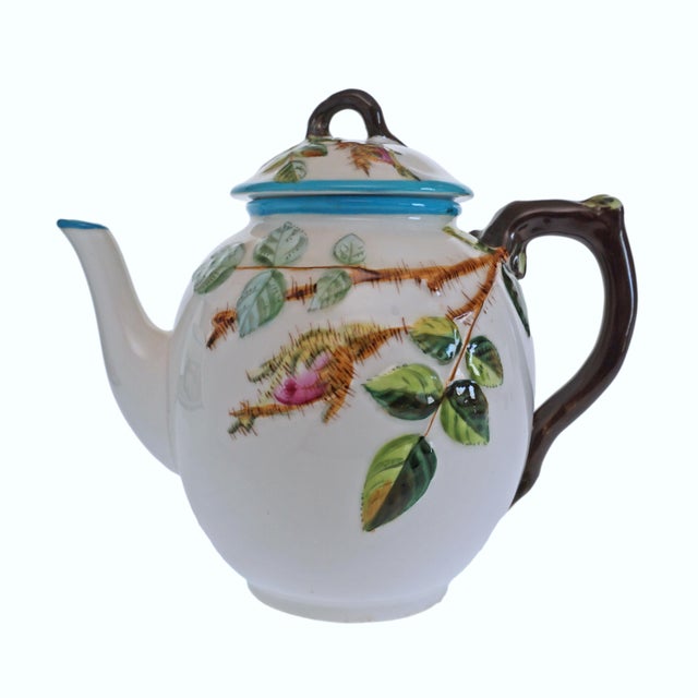 Late 19th Century Antique Botanical 1870's Tête-À-Tête Tea Set Royal Worcester England Turquoise Rim Aesthetic Period - Set of 7 For Sale - Image 5 of 14