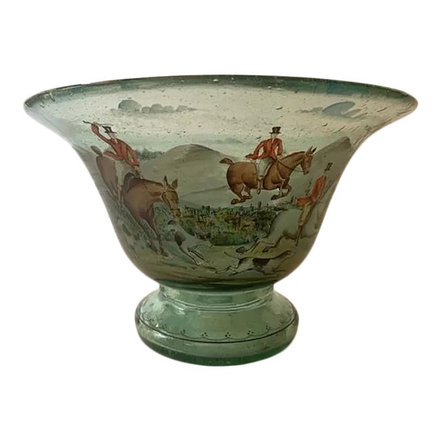 Ludwig Moser Hand Blown , Hand Painted Enamel Bowl With Hunting Images For Sale