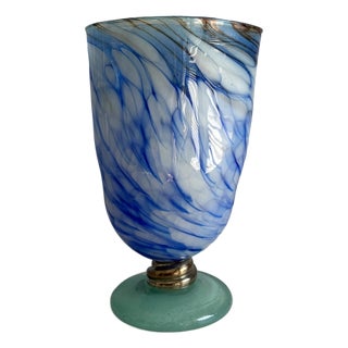 Blue & White Swirl Handmade Art Glass Vase For Sale