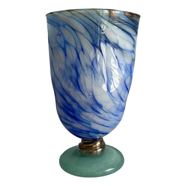 Blue & White Swirl Handmade Art Glass Vase For Sale
