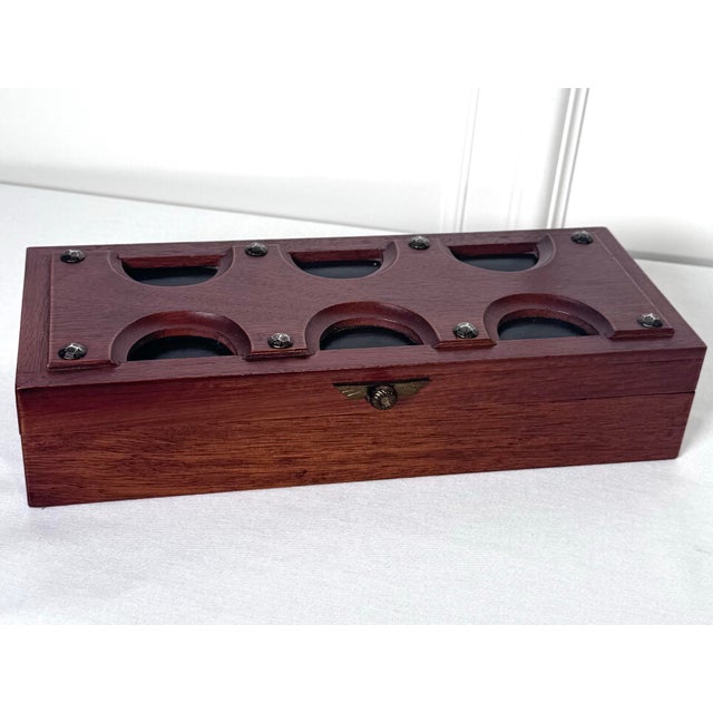 20thC. Mid Century Modern Japanese Black Leather, Brass Nails & Solid Cherry Wood Valet Lidded Box For Sale - Image 4 of 11