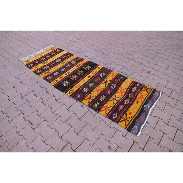 Farmhouse 1960s Farmhouse Style Ethnic Stripe Design Handmade Oushak Kilim Runner Rug For Sale - Image 3 of 8