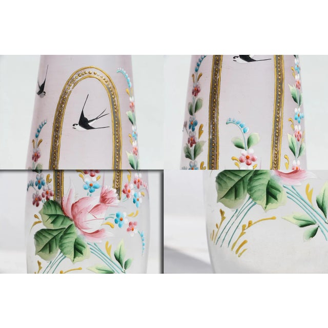 1920s Art Deco German Bavaria Hand Painted Glass Vase Depicting Swallows Birds and Flowers For Sale - Image 4 of 13