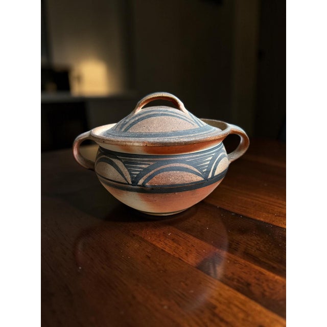 Offering from my personal Studio Pottery 1990's Collection, a wood fired double-handled, lidded pottery bowl. Stamped 1991...