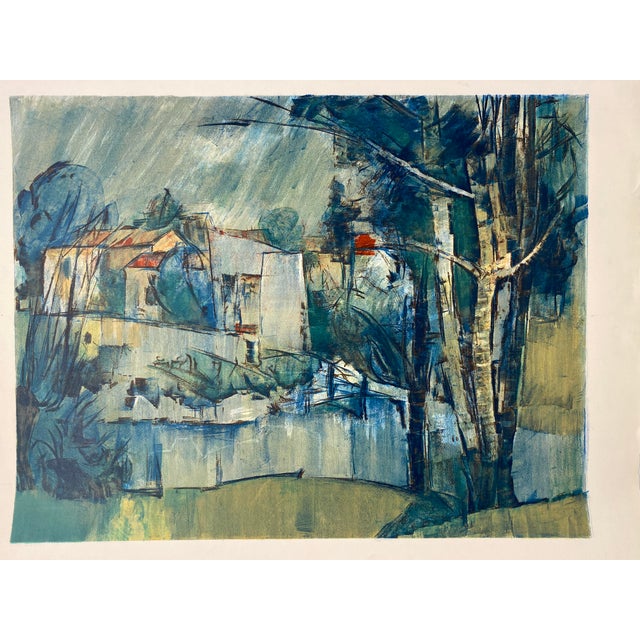 Modern abstract landscape print featuring an atmospheric composition of trees, architecture and water, rendered in a...