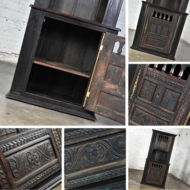 Vintage Spanish Colonial Revival Style Oak Cupboard Hutch Cabinet or Dry Bar Hand Carved For Sale - Image 11 of 12