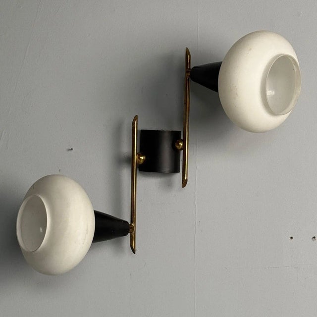 1960s Italian Mid-Century Modern, Adjustable Wall Sconces, Brass, Opaline Glass, 1960s For Sale - Image 5 of 7