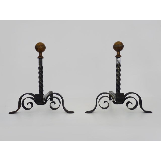 Large French Ball Fireplace Andirons in Wrought Iron and Brass, Set of 2 For Sale - Image 10 of 10