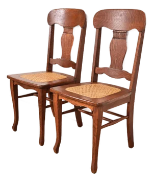 Limbert Style Antique Arts & Crafts Carved Oak and Cane Side Chairs or Dining Chairs, Pair