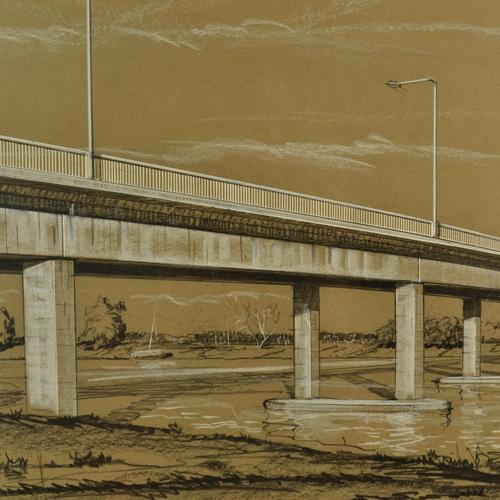 Gibb, Architectural Drawing of Smithtown Bridge, Australia, 1950s, Charcoal & Crayon For Sale - Image 4 of 9