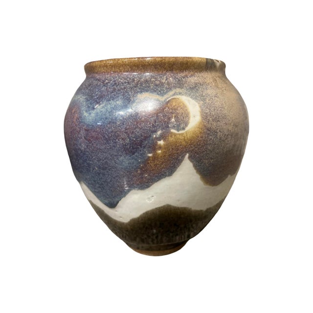 Mid Century Modern Vintage Ceramic Large Studio Pottery Drip Glaze Stoneware Vase For Sale - Image 4 of 8