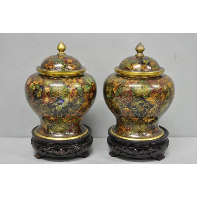 Vintage Cloisonné Chinese Small Enameled Brown Covered Ginger Jar on Stand, Pair For Sale - Image 17 of 18