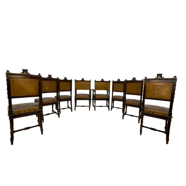 French Set of 8 Italian Walnut Dining Chairs With Embossed Leather, Late 19th Century For Sale - Image 3 of 18