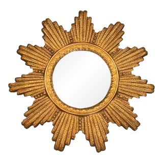 Petite Art Deco Gilt Plaster Sunburst Wall Mirror, Circa 1930's For Sale