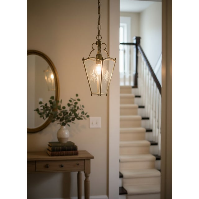 Vintage Brass Etched Glass Latern Pendant Light, 1950s For Sale - Image 3 of 9